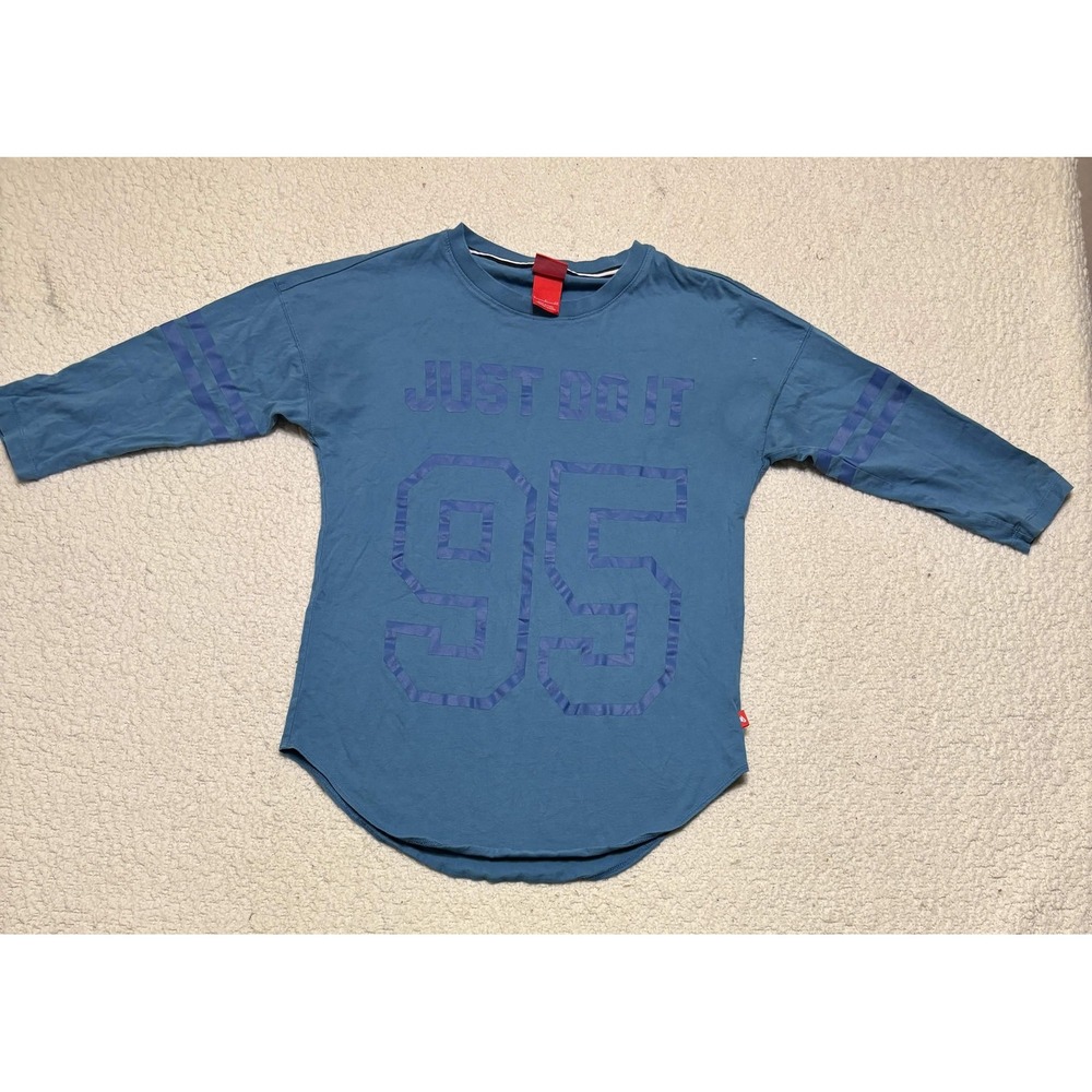 Nike Womens Graphic Tee Blue Just Do It 95 3/4 Sleeve Curved Hem T-shirt Size S